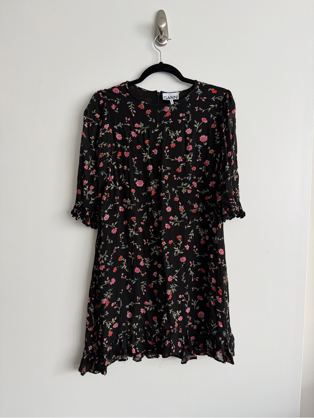 Ganni Black Mini Dress with Pink Floral Print
